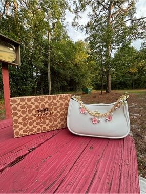Coach White Leather Mini Shoulder Bag with Floral Charm Chain